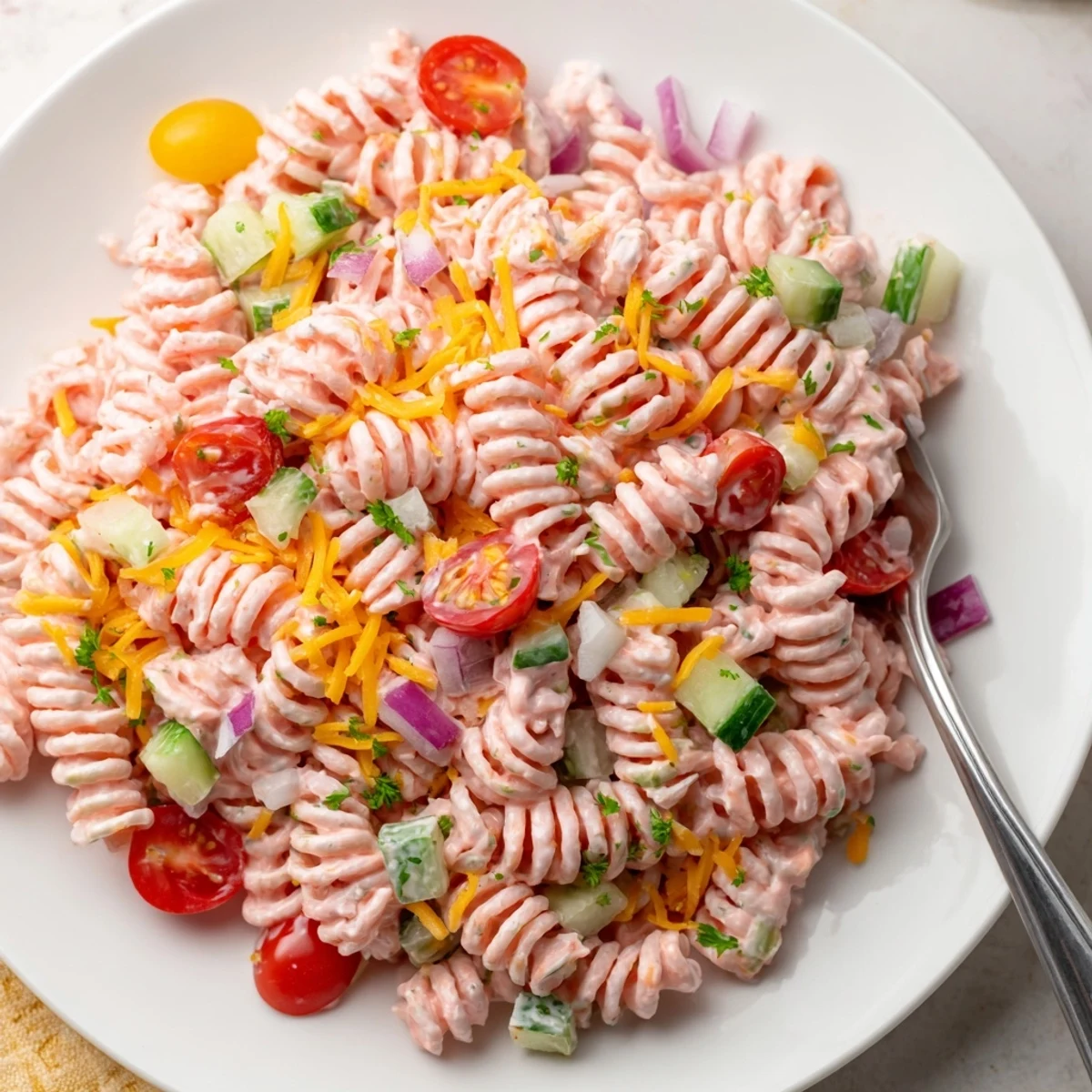 Creamy Pink Cadillac Pasta Salad with rotini noodles cherry tomatoes and red peppers coated in pink sauce