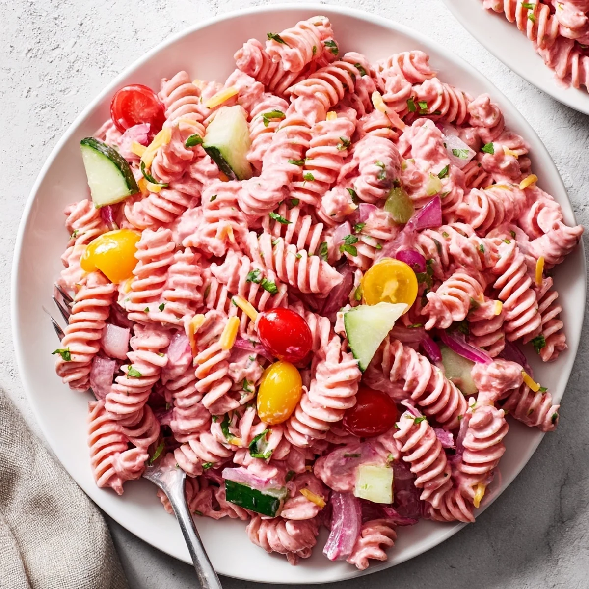 Vibrant Pink Cadillac Pasta Salad tossed with fresh vegetables and tangy dressing perfect for summer picnics
