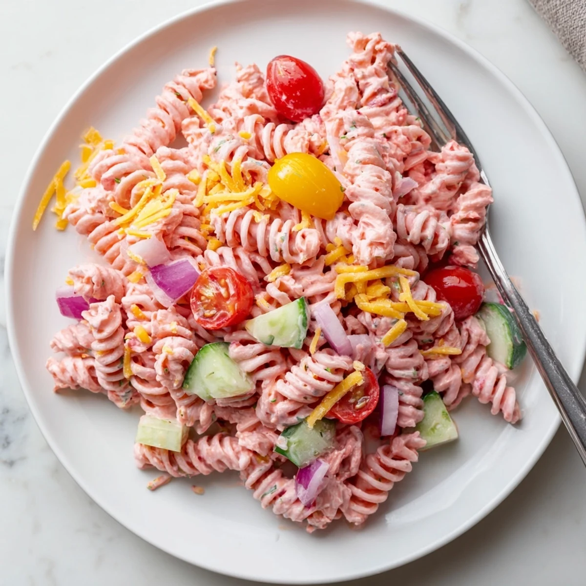 Colorful Pink Cadillac Pasta Salad featuring cherry tomatoes red peppers and creamy pink dressing in a serving bowl