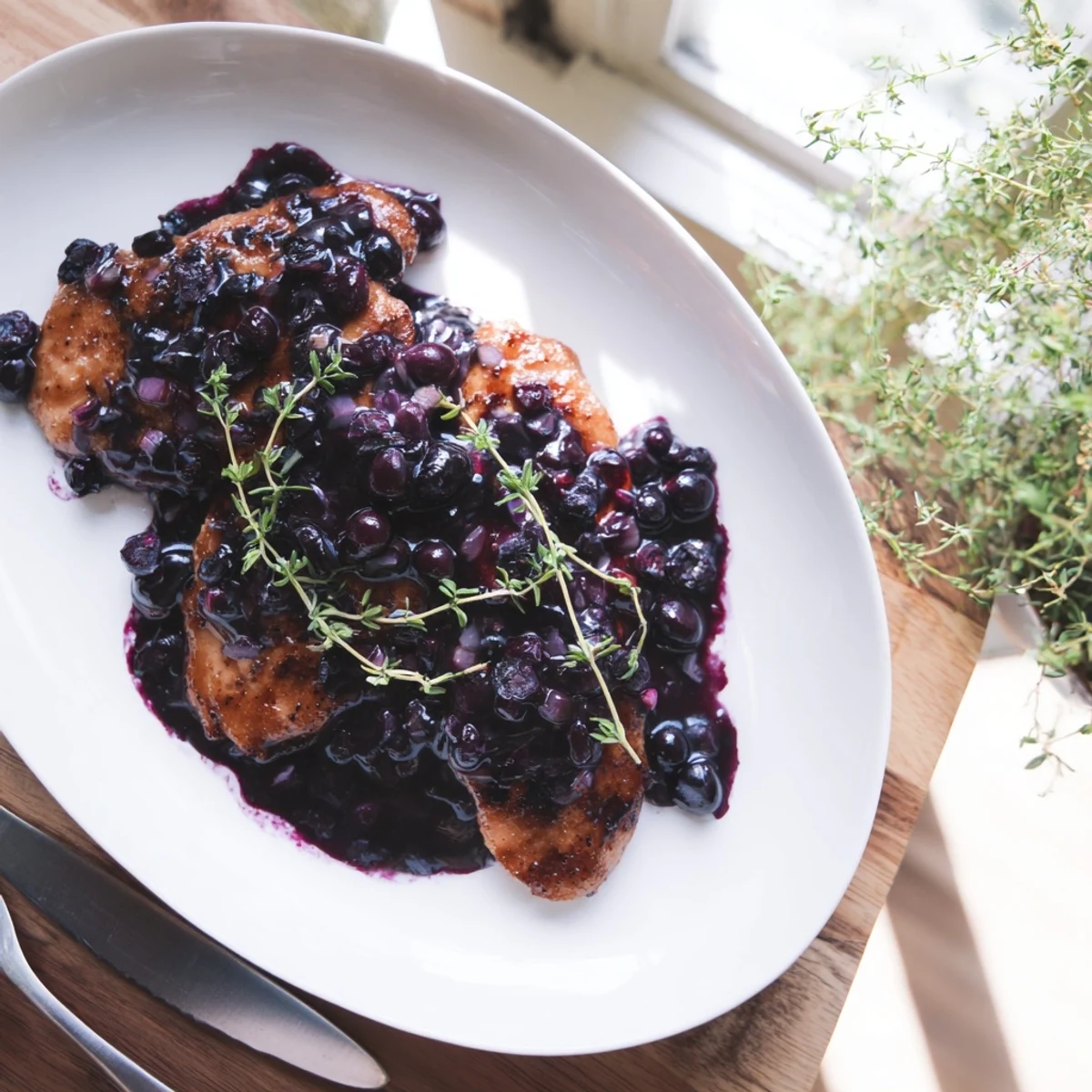 Golden pan-seared chicken breasts drizzled with glossy purple blueberry thyme sauce