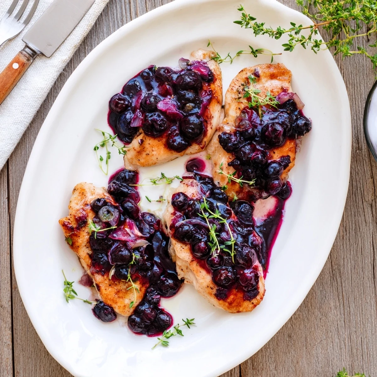 Savory Blueberry Thyme Chicken plated with fresh thyme sprigs and rich reduced sauce