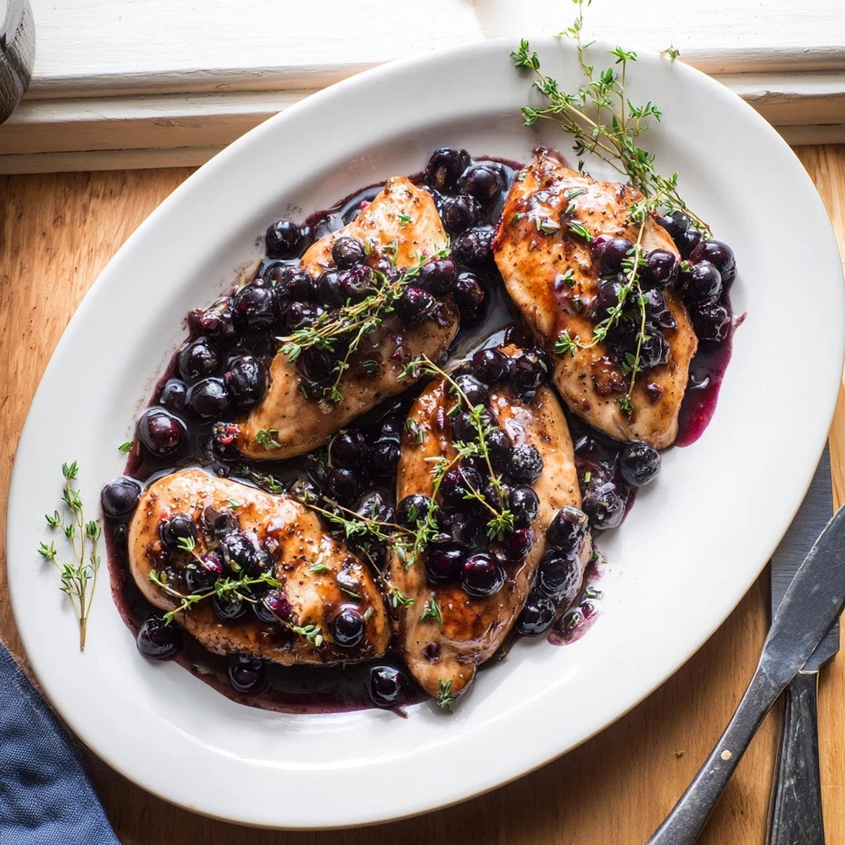 Modern American Blueberry Thyme Chicken served on white plate with dark berry glaze