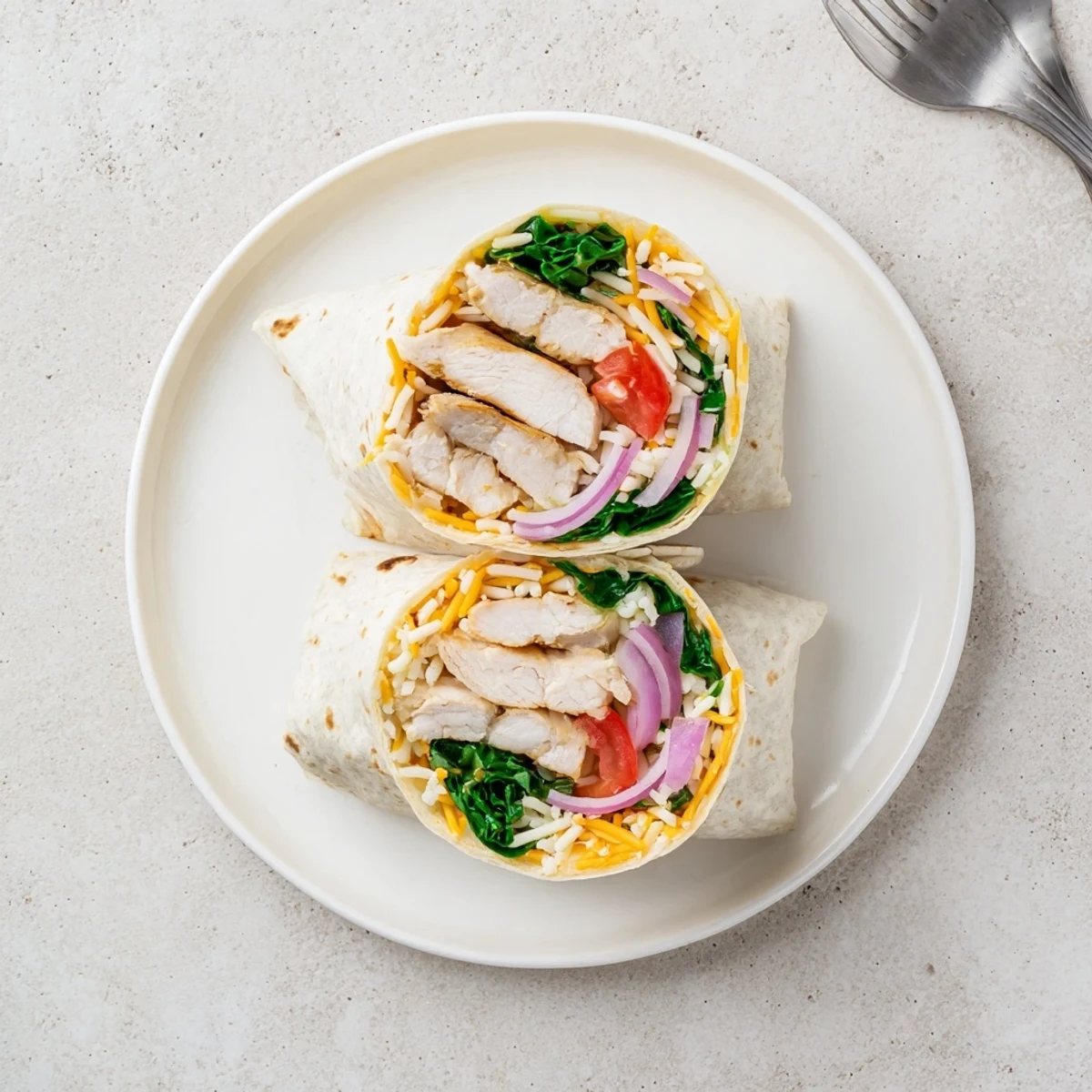 Pan-grilled Cheesy Garlic Chicken Wraps with toasted tortilla, juicy sliced chicken