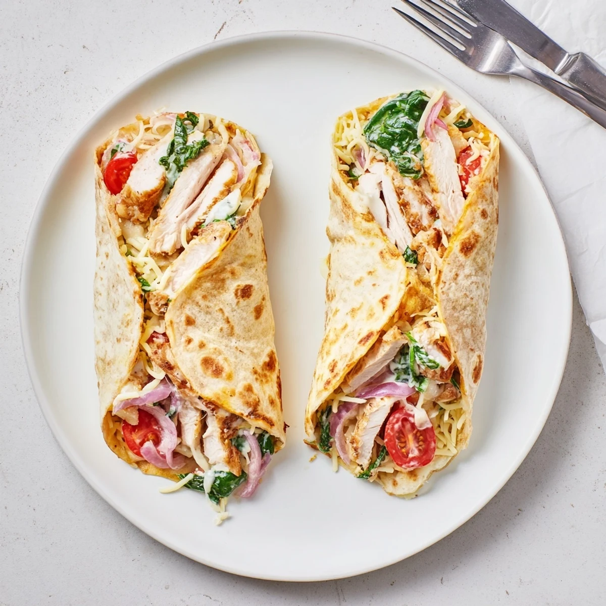Cheesy Garlic Chicken Wraps sliced in half, melty cheese oozing, warm