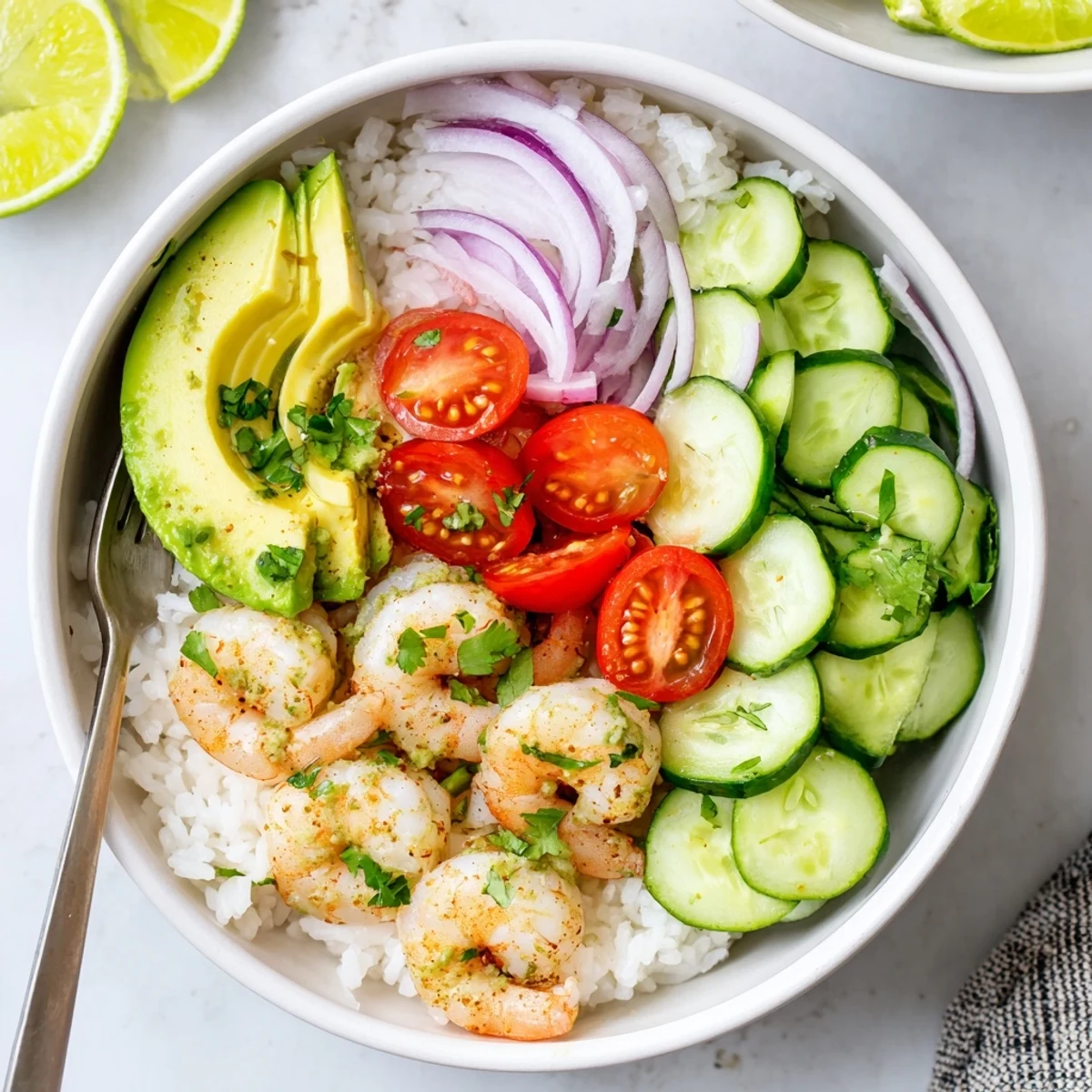 Garlic Shrimp Bowl Recipe: tender lemon kissed shrimp, creamy avocado, crisp cucumber