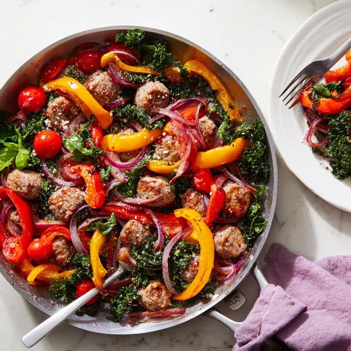 Golden brown Italian sausage slices nestled among colorful red and yellow bell peppers and wilted fresh greens in a rustic cast iron skillet
