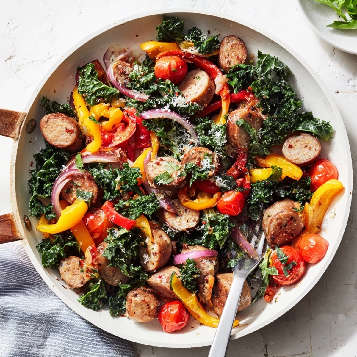 Hearty sausage peppers greens skillet dinner featuring juicy sausage links caramelized with vibrant vegetables and tender nutritious greens for an easy one pan meal
