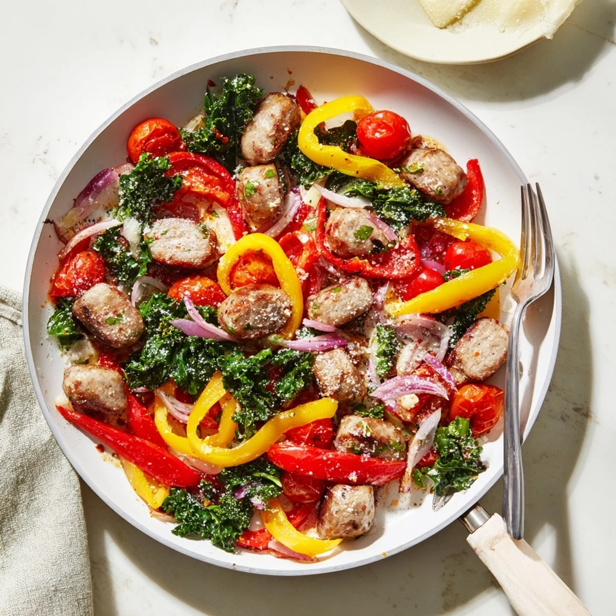 Vibrant one pan sausage and peppers with colorful bell peppers onions and fresh greens cooked together in a skillet for a comforting family dinner