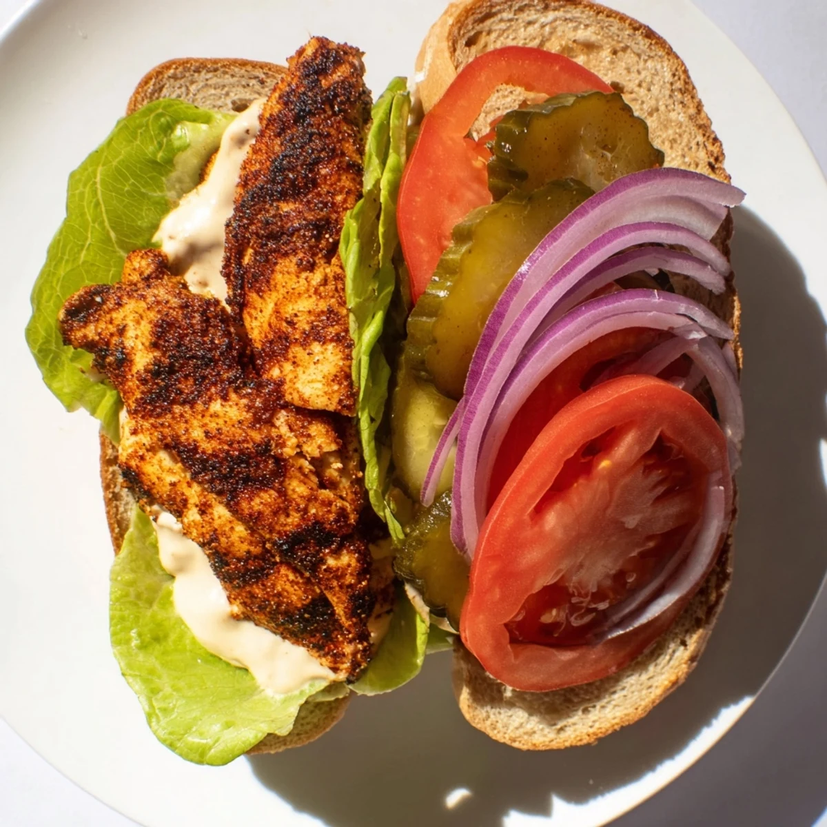Golden brown spice rubbed chicken breast stacked high on a bun with crisp vegetables and creamy sauce