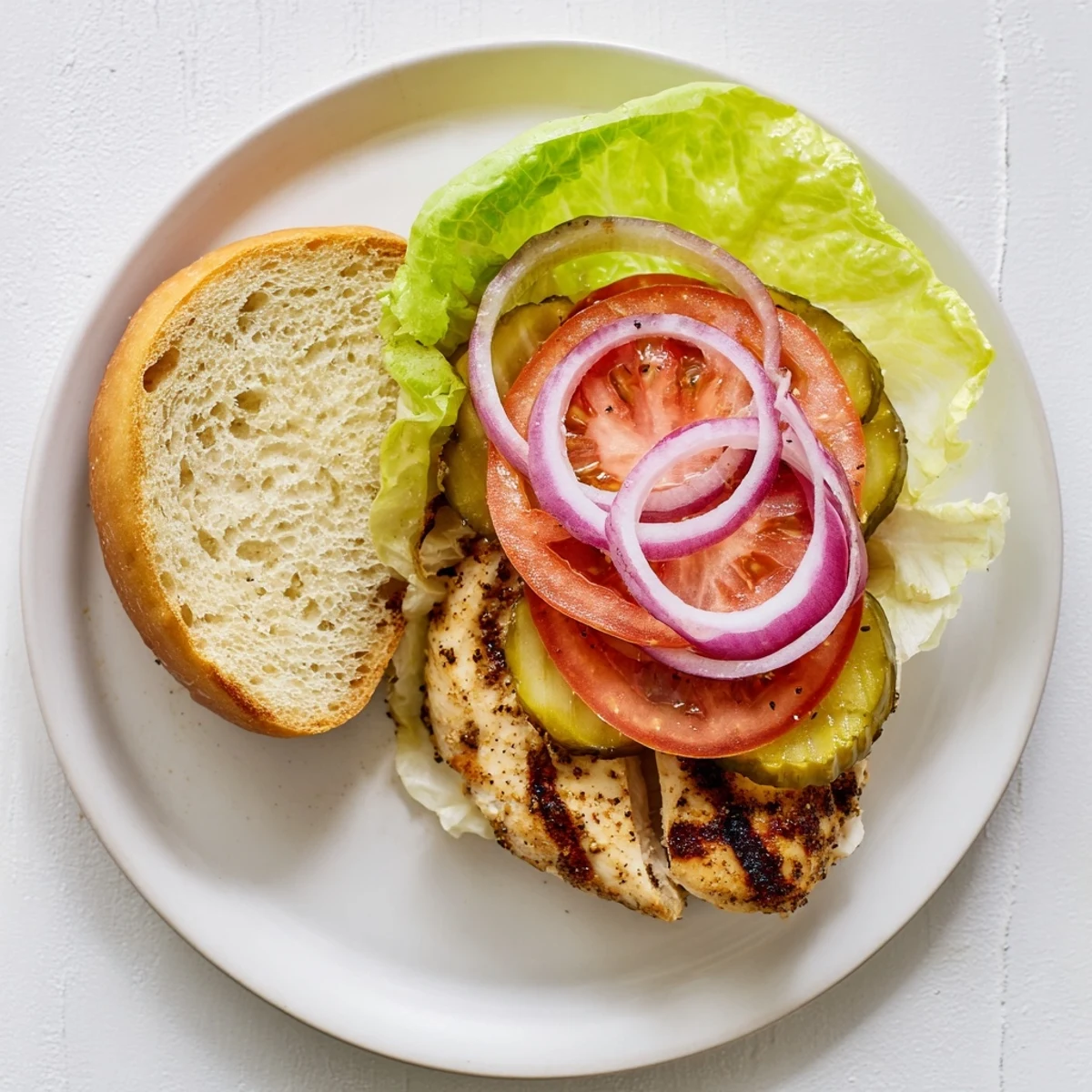 Juicy grilled savory spiced chicken sandwich served on toasted bun with fresh lettuce tomato and onion