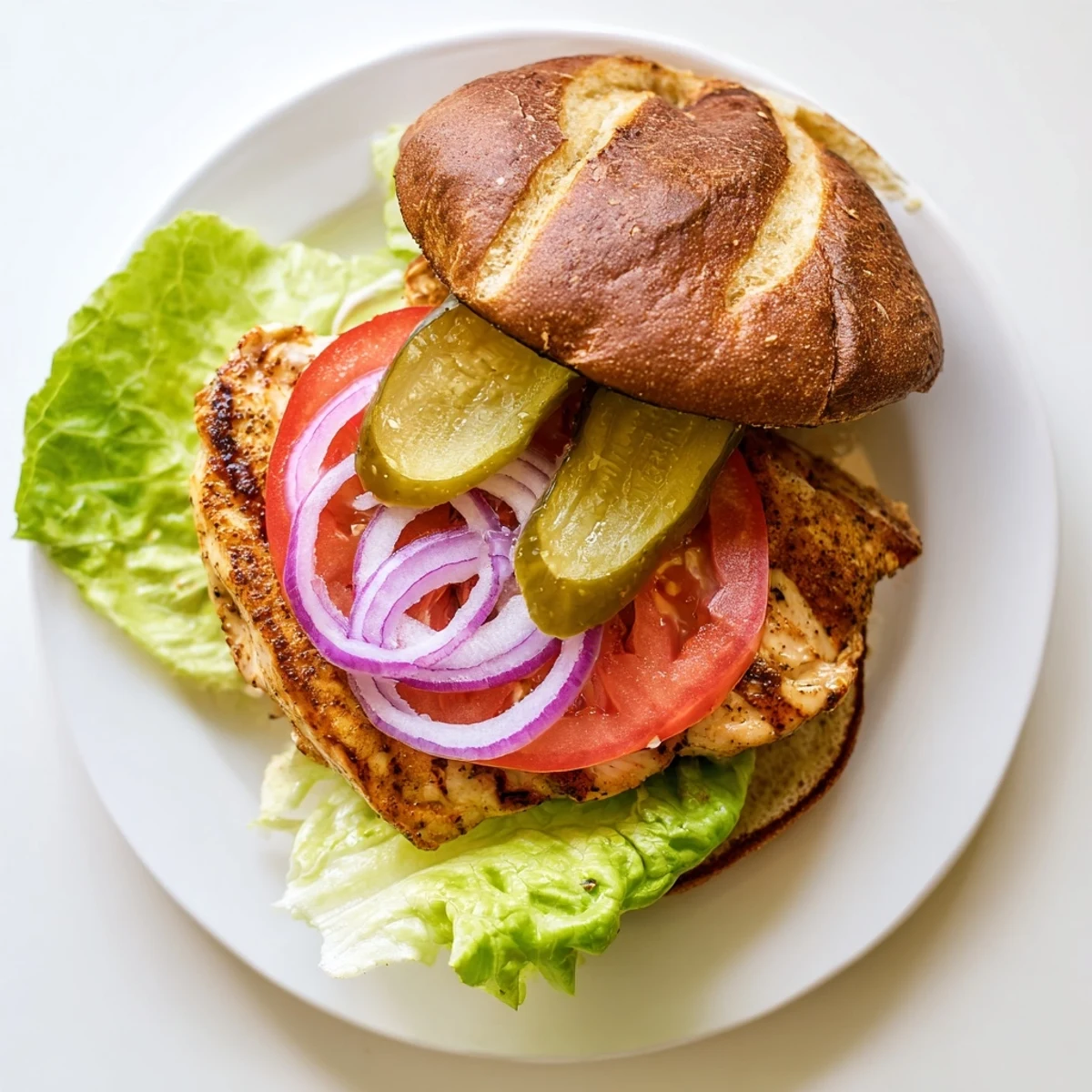 Homemade savory spiced chicken sandwich featuring grilled seasoned meat with colorful toppings on a toasted sesame bun