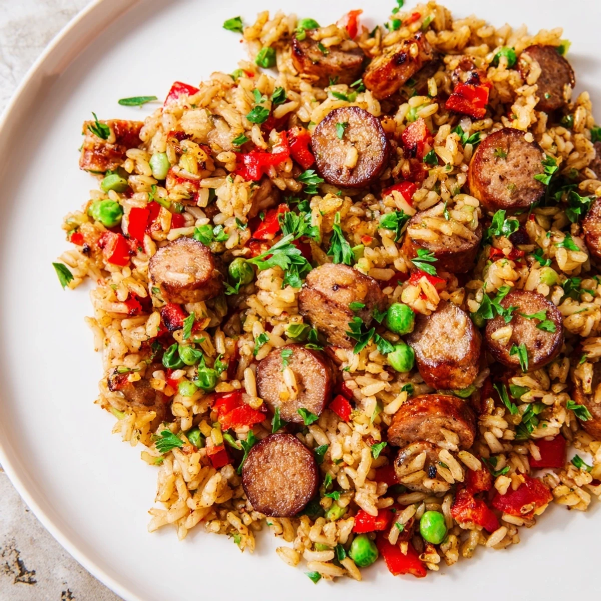 Golden crispy skillet rice topped with savory chicken sausage and colorful vegetables in a cast iron pan