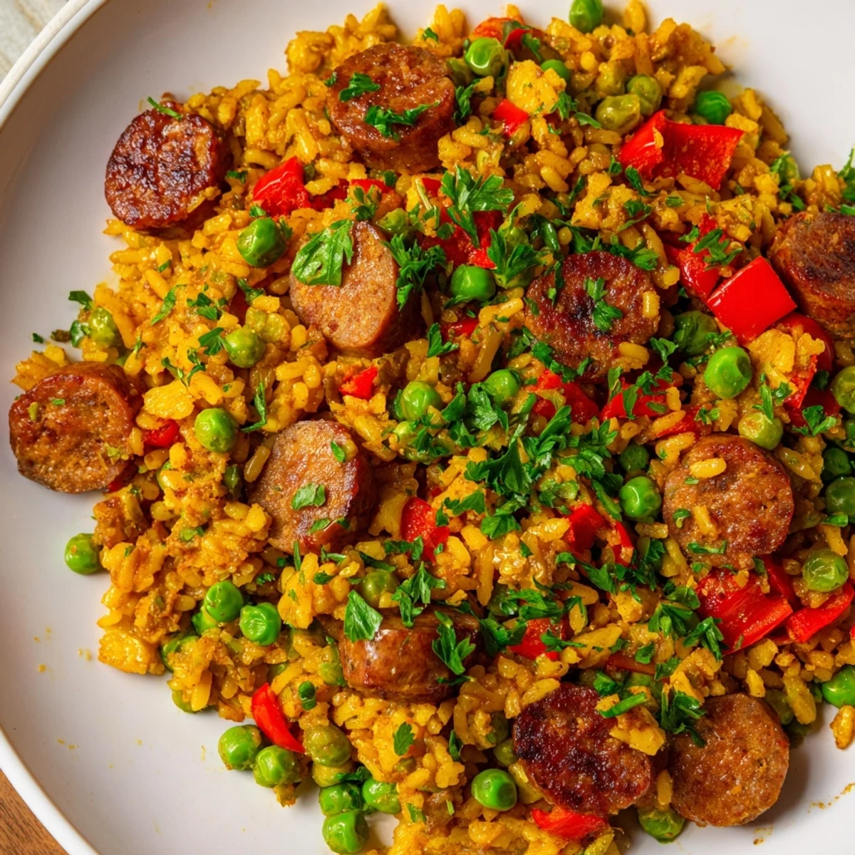 One-pan crispy rice dish featuring browned chicken sausage slices with peas and red bell peppers