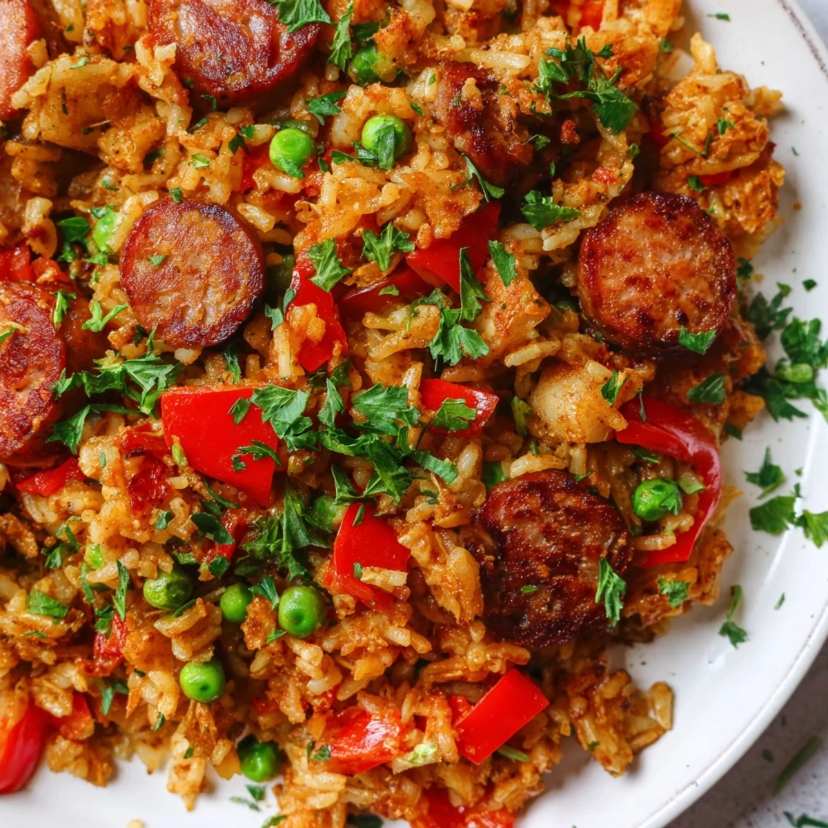 Comforting skillet rice with golden crispy bottom layer and sausage pieces garnished with fresh parsley