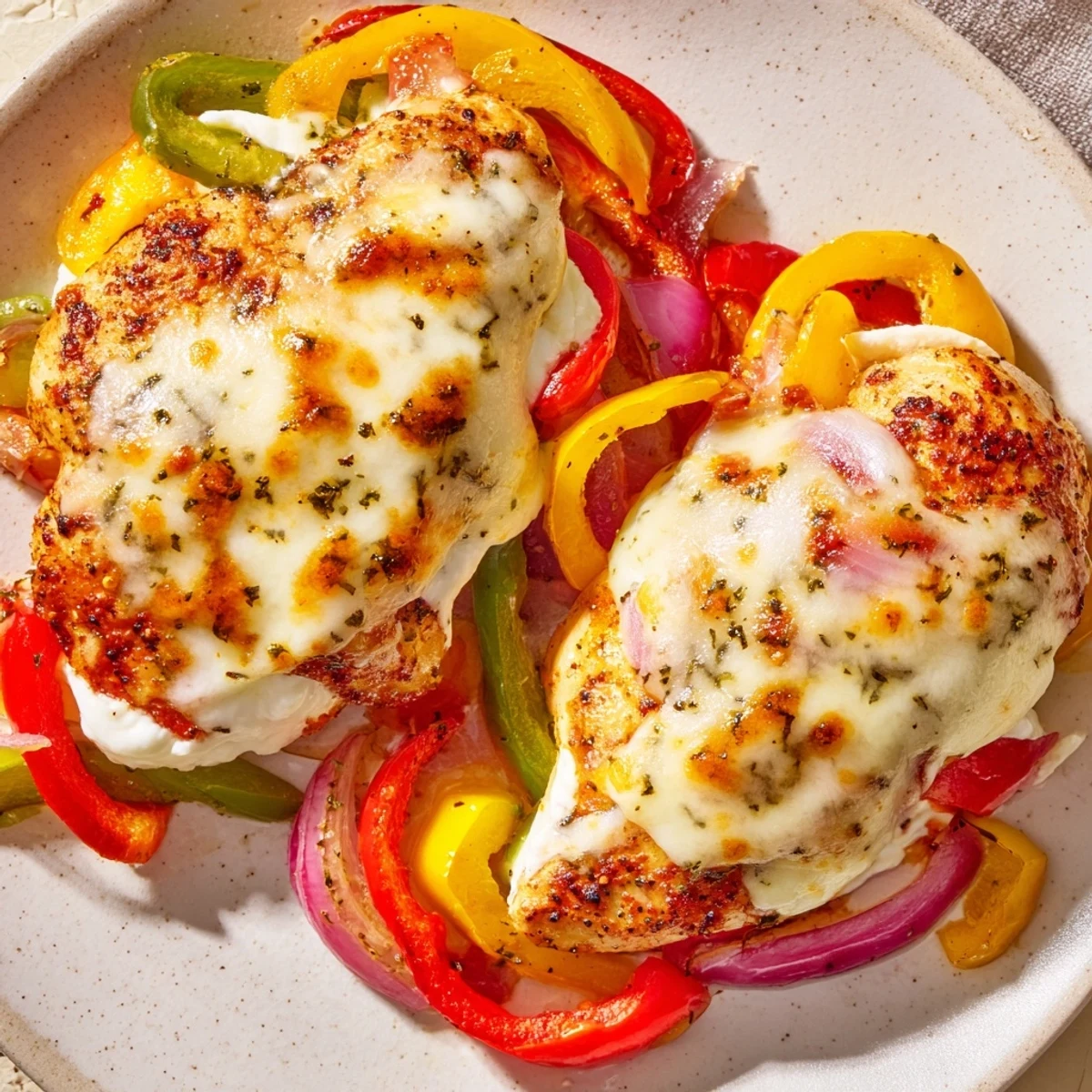 Golden melted mozzarella and cheddar top juicy chicken breasts nestled among colorful roasted bell peppers and onions