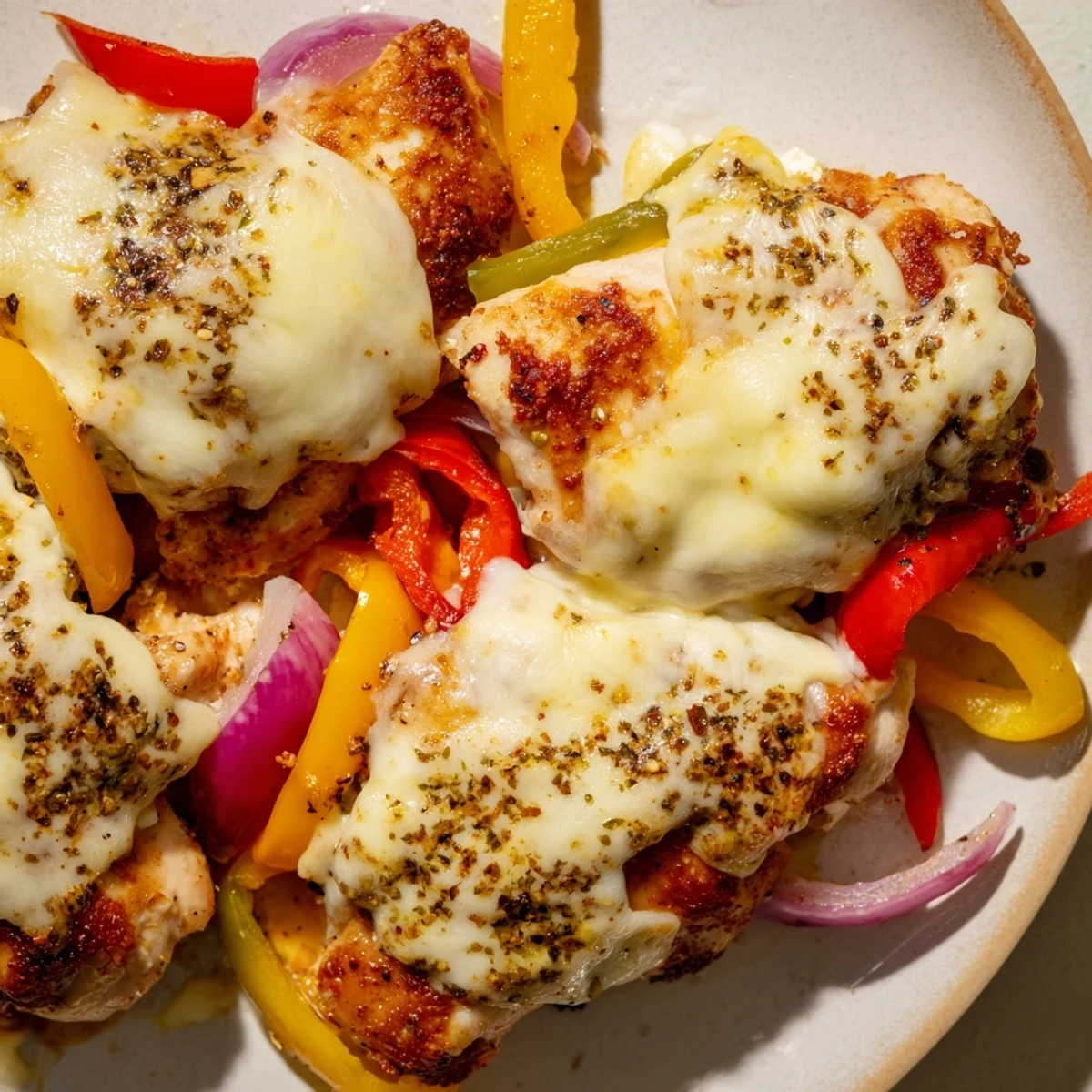 Comforting cheesy baked chicken breast and peppers casserole with golden cheese layering juicy seasoned chicken and colorful roasted veggies