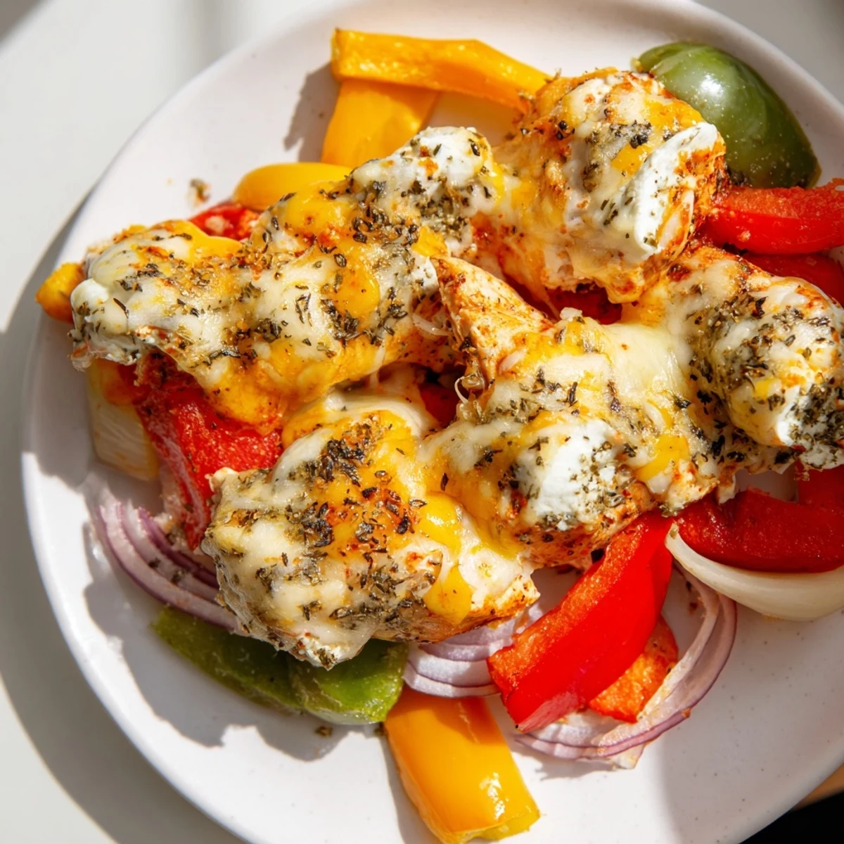 Baked cheesy chicken breast with peppers featuring bubbly cheese topping over tender spiced meat and vibrant sliced vegetables
