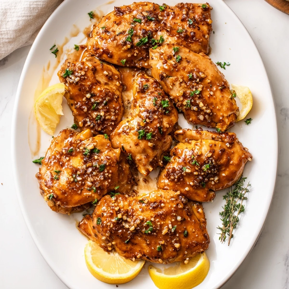 Golden glazed oven baked honey mustard chicken resting on a white ceramic baking dish