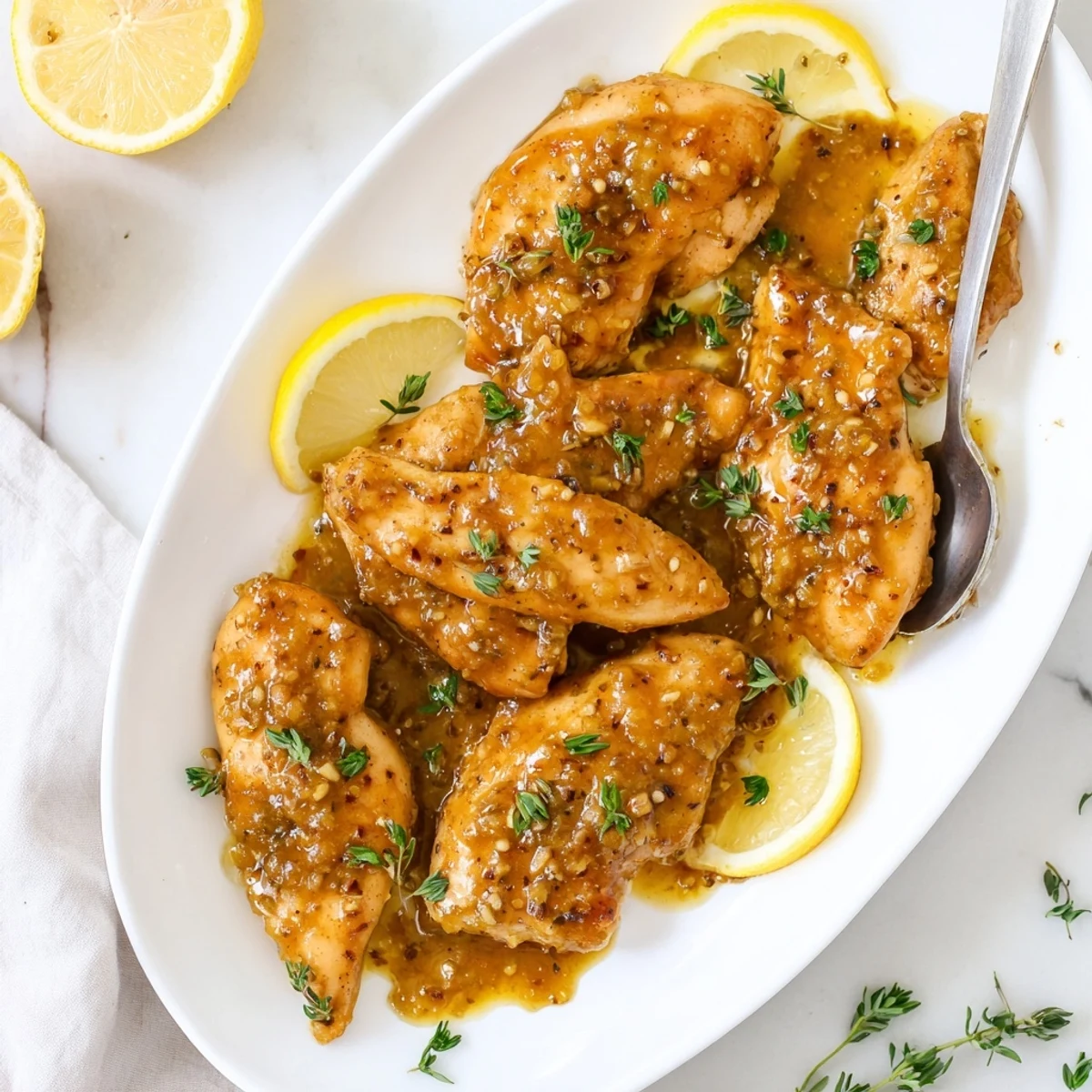 Tender oven baked honey mustard chicken garnished with parsley and served with lemon