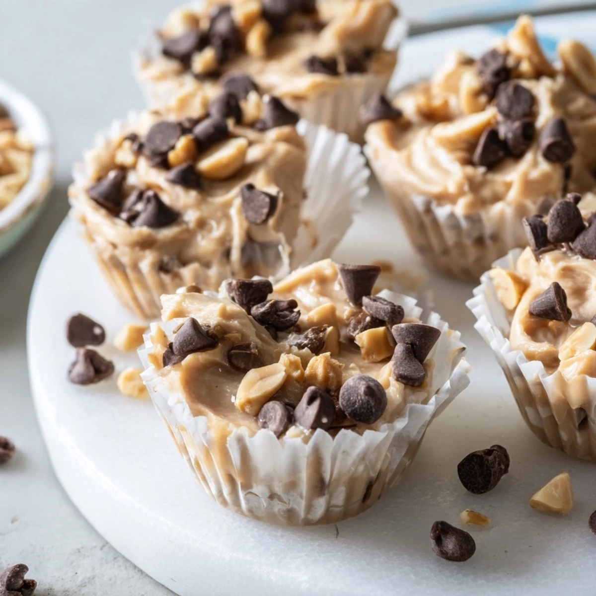Frozen peanut butter Greek yogurt bites arranged in a muffin tin with chocolate chip sprinkles
