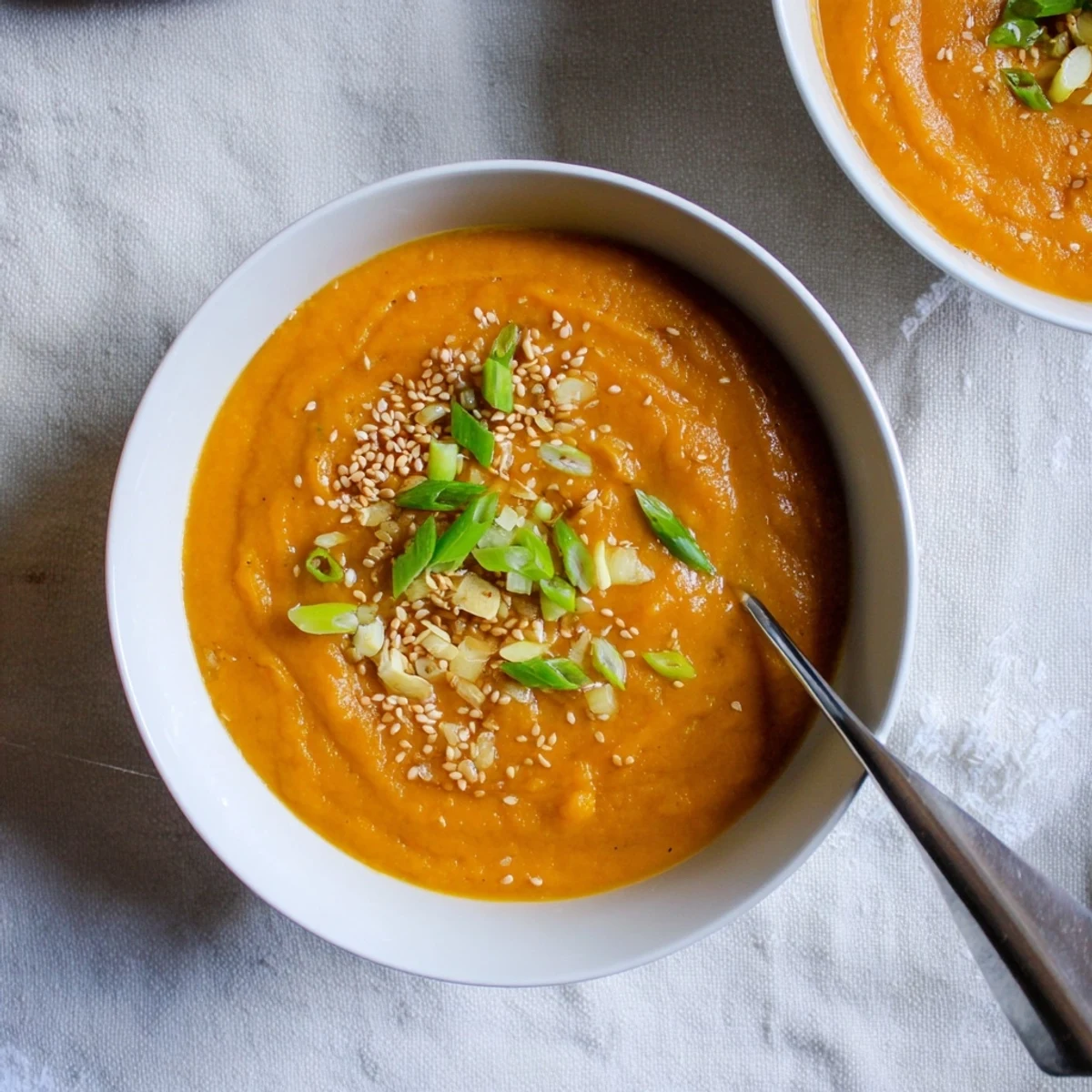 Bright orange Carrot Ginger Miso Soup Recipe garnished with scallions and sesame oil.