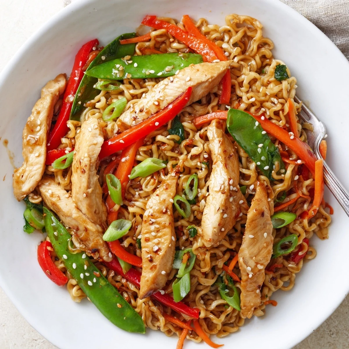 Pan-tossed Chicken Ramen Stir Fry steaming in wok, sesame seeds garnish