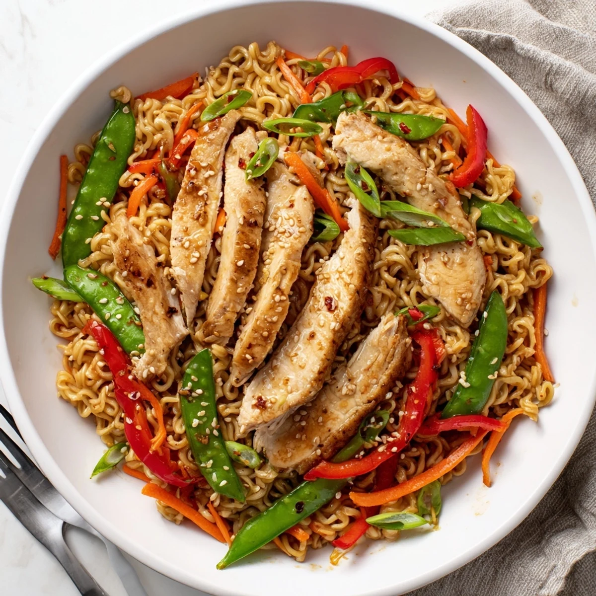 Chicken Ramen Stir Fry with glossy sauce, tender chicken, crisp bell peppers