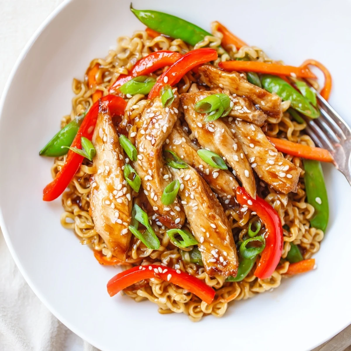 Quick Chicken Ramen Stir Fry piled on plate, scallions and vegetable crunch