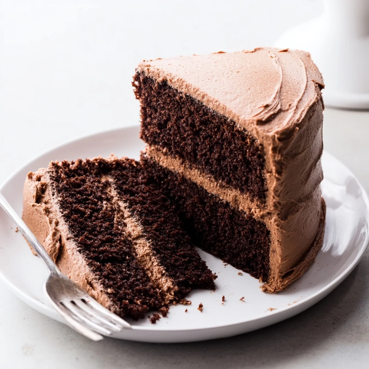 Chocolate Cake Recipe topped with glossy chocolate frosting, a slice beside coffee  