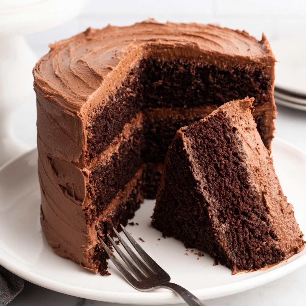 Homestyle Chocolate Cake Recipe layered with fluffy cocoa frosting, plated for dessert