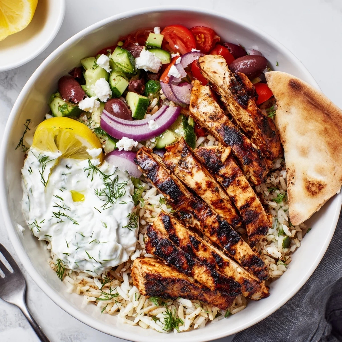 Sizzling grilled chicken with tzatziki crowns Greek Chicken Bowls, fresh vegetables.