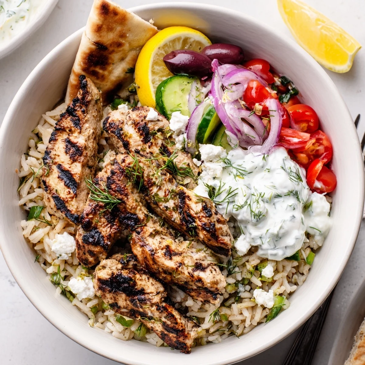 Warm Greek Chicken Bowls over herbed rice, cherry tomatoes, crumbled feta.