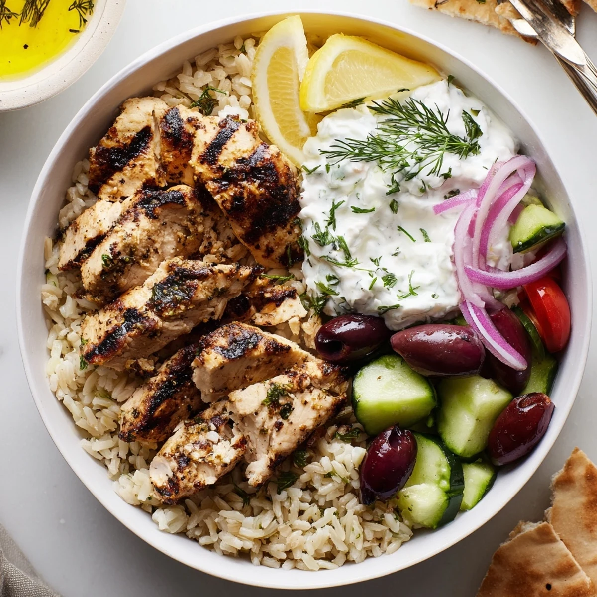 Meal ready Greek Chicken Bowls garnished with lemon wedges and smoky paprika.