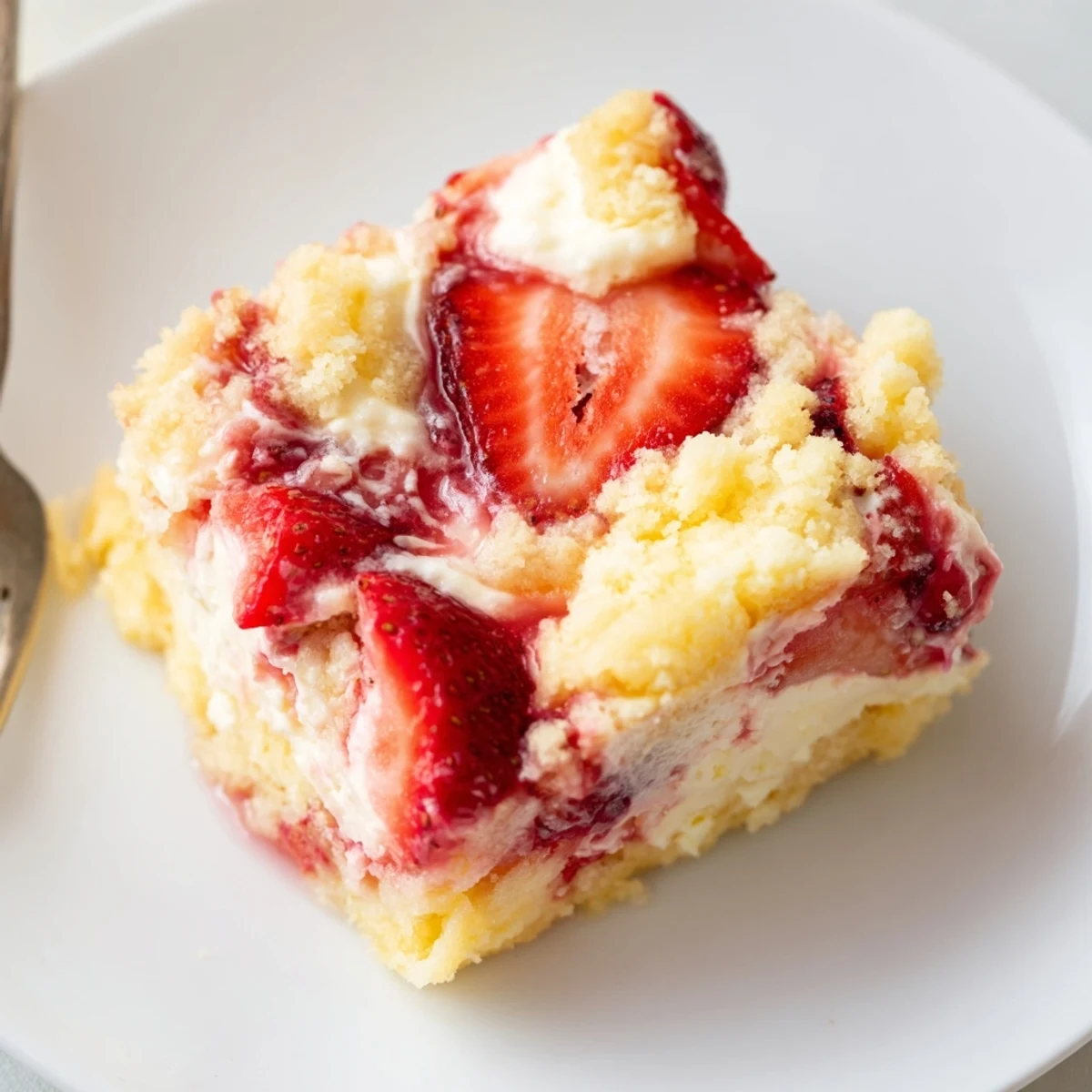 Strawberry Cheesecake Dump Cake bubbling golden, juicy strawberries and creamy swirls.