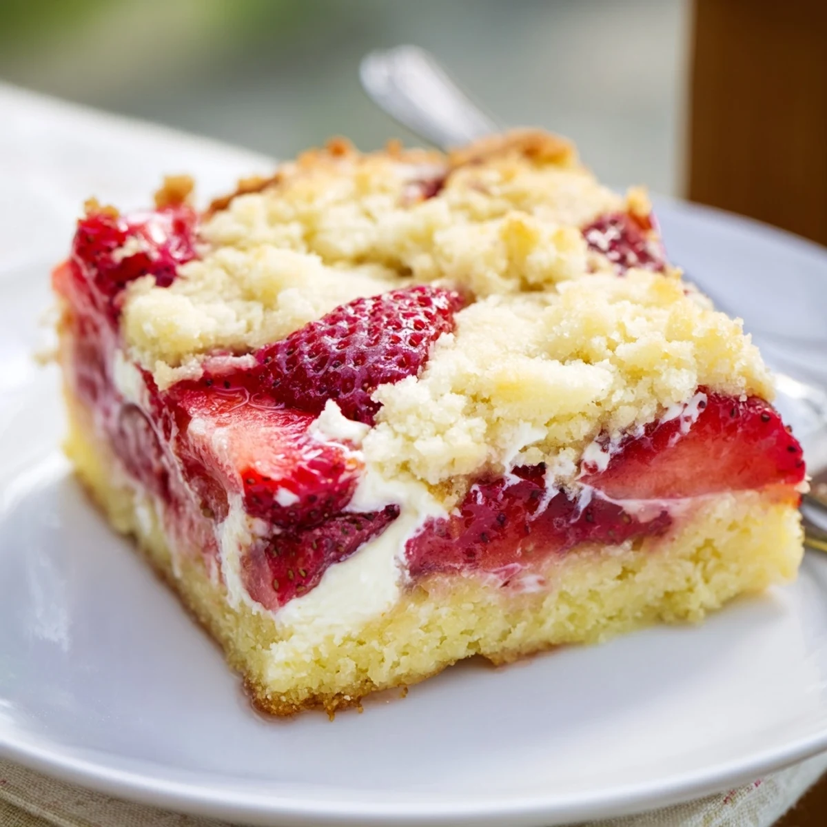 Sliced Strawberry Cheesecake Dump Cake in a 9x13 pan, buttery crust.