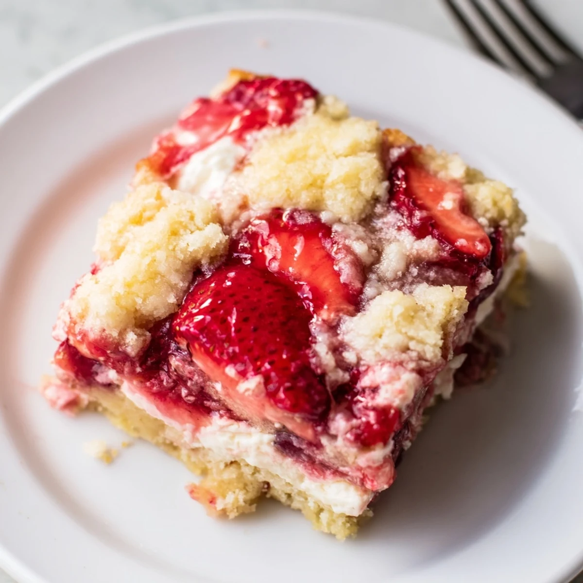 Warm Strawberry Cheesecake Dump Cake served with melting vanilla ice cream.