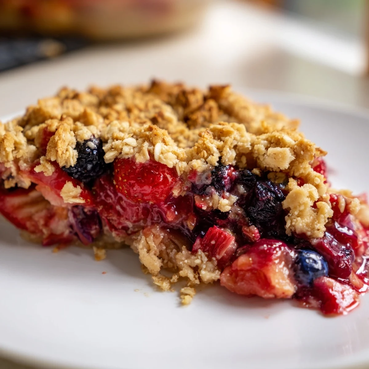 Golden crumble topped sweet berry rhubarb dream pie with bubbling red fruit filling
