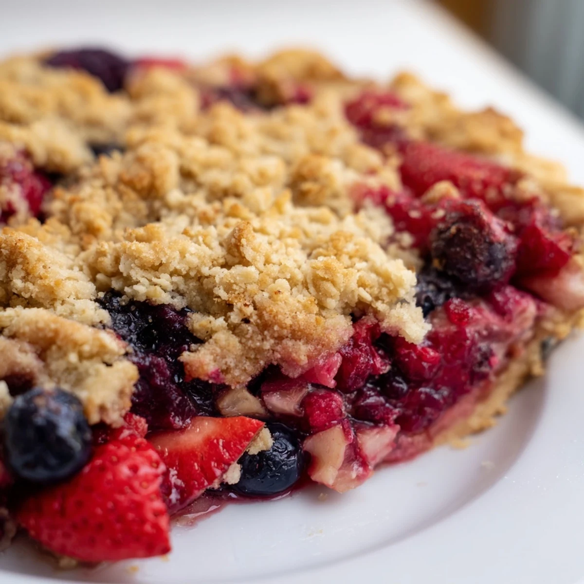 Sliced berry rhubarb dream pie served on white plate with whipped cream dollop