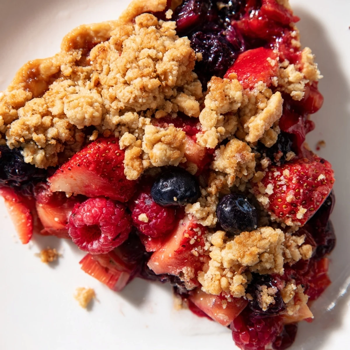 Fresh baked sweet berry rhubarb dream pie with oats crumble and juicy strawberries