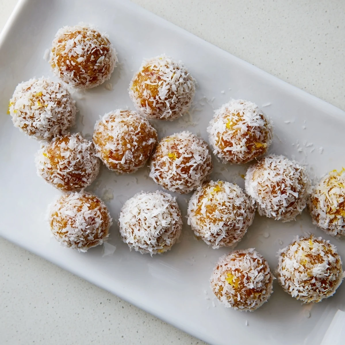 Bite-sized Citrus Bliss Bits rolled in coconut, ready for baby shower dessert platters