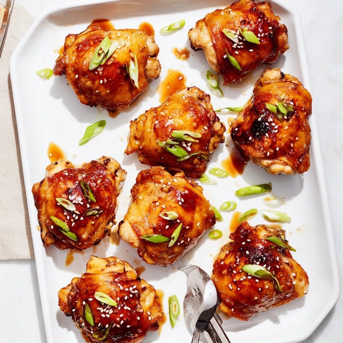 Golden oven-roasted bone in teriyaki chicken thighs glazed with glossy savory-sweet sauce and sesame seeds