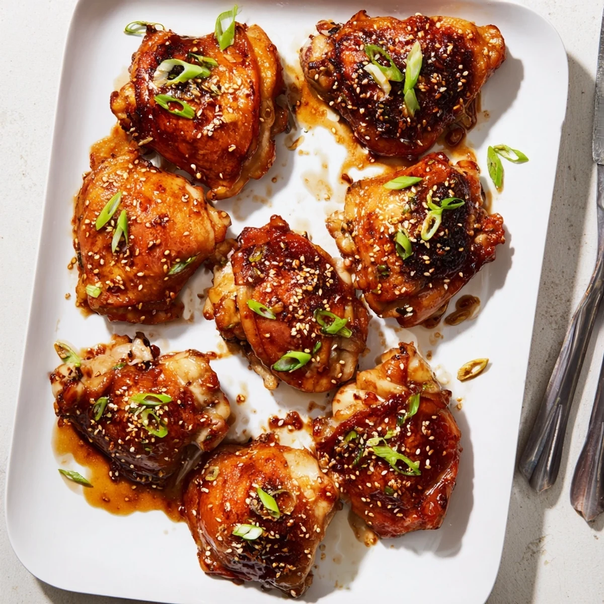 Juicy bone in teriyaki chicken thighs served on white platter with green onion garnish and rich dark marinade