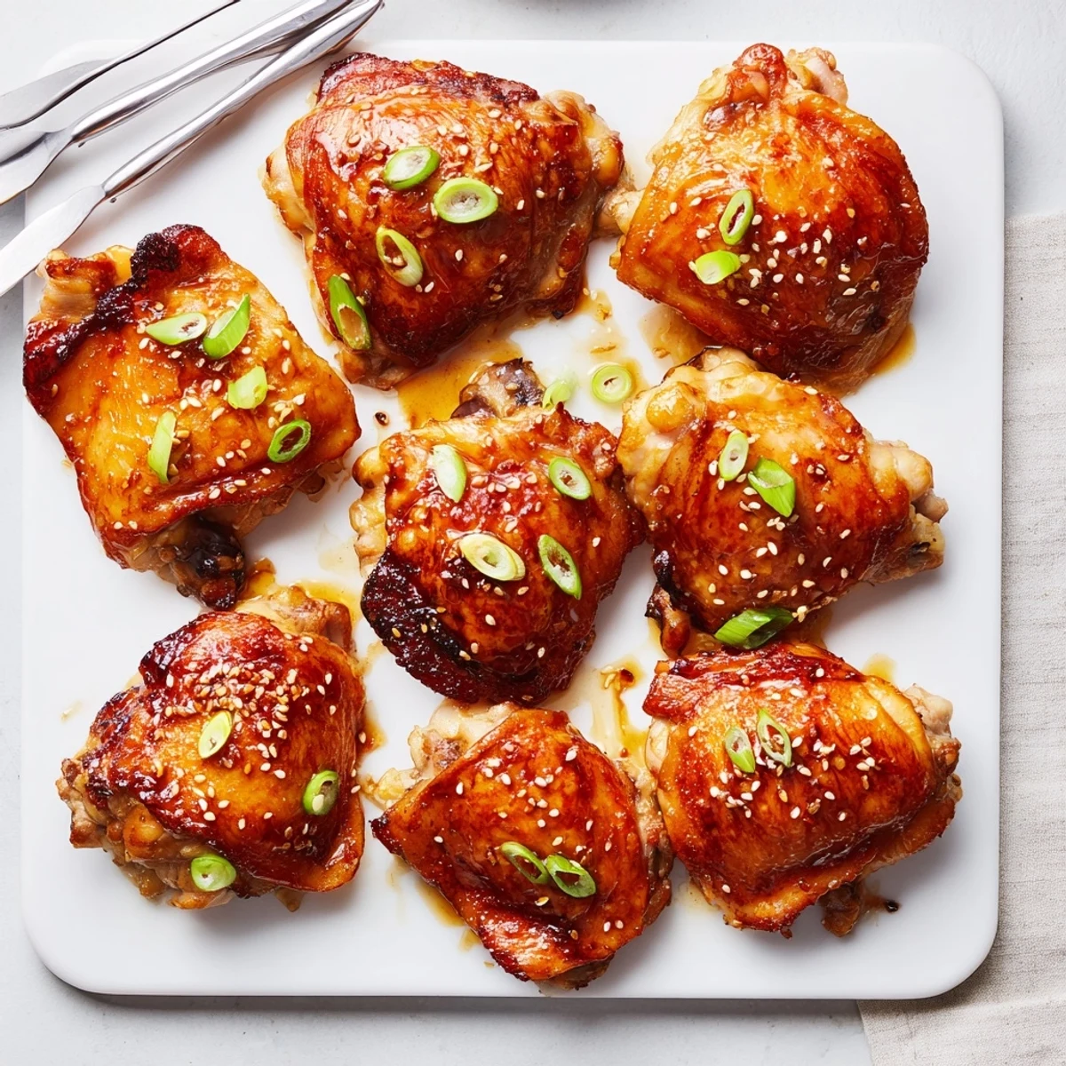 Crispy skinned bone in teriyaki chicken thighs basted in homemade teriyaki sauce and sprinkled with toasted sesame seeds