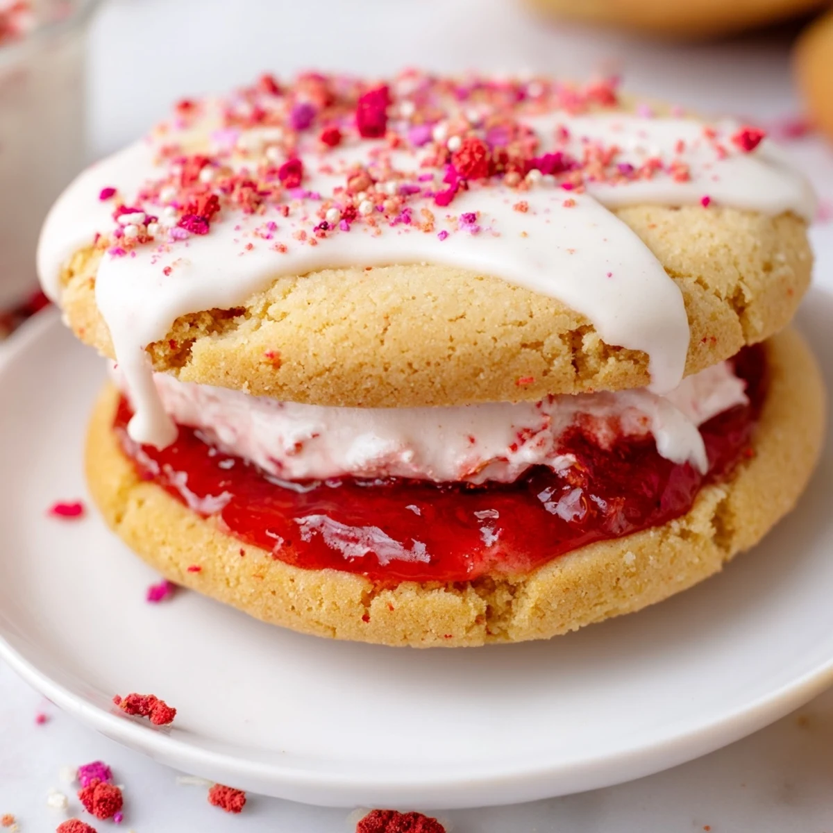 Freshly baked strawberry Pop Tart cookies drizzled with vanilla icing and crushed freeze-dried strawberry topping