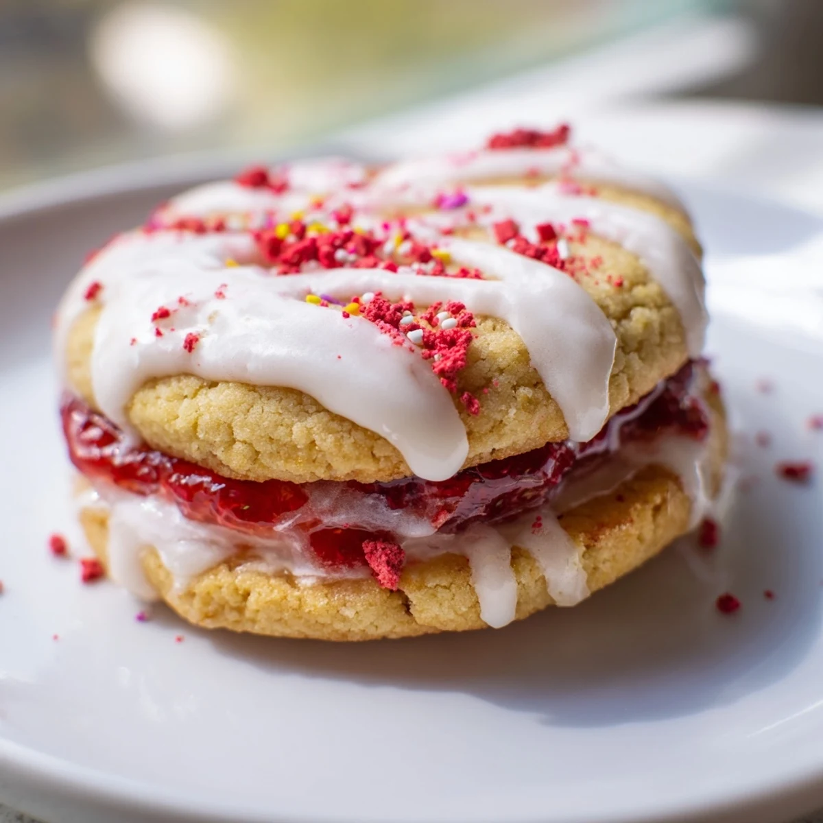 Soft glazed strawberry Pop Tart cookies with sweet jam filling and colorful sprinkles on white plate