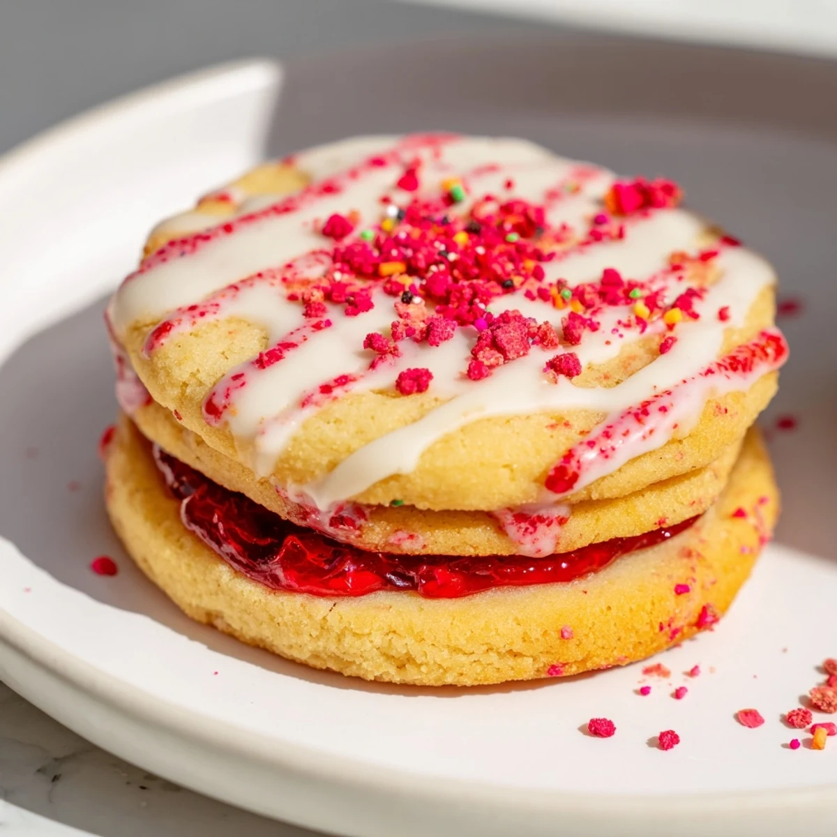 Golden strawberry Pop Tart cookies stuffed with red jam center topped with white glaze and sprinkles