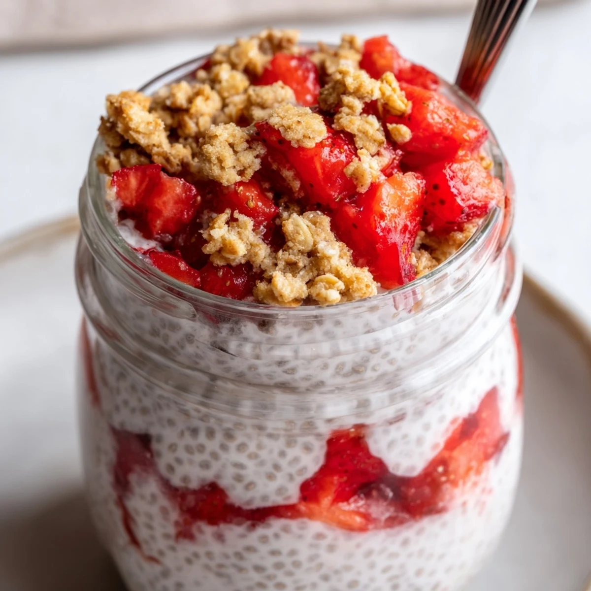 Layered strawberry crumble chia pudding in clear glass jar with fresh red berries and golden oat topping