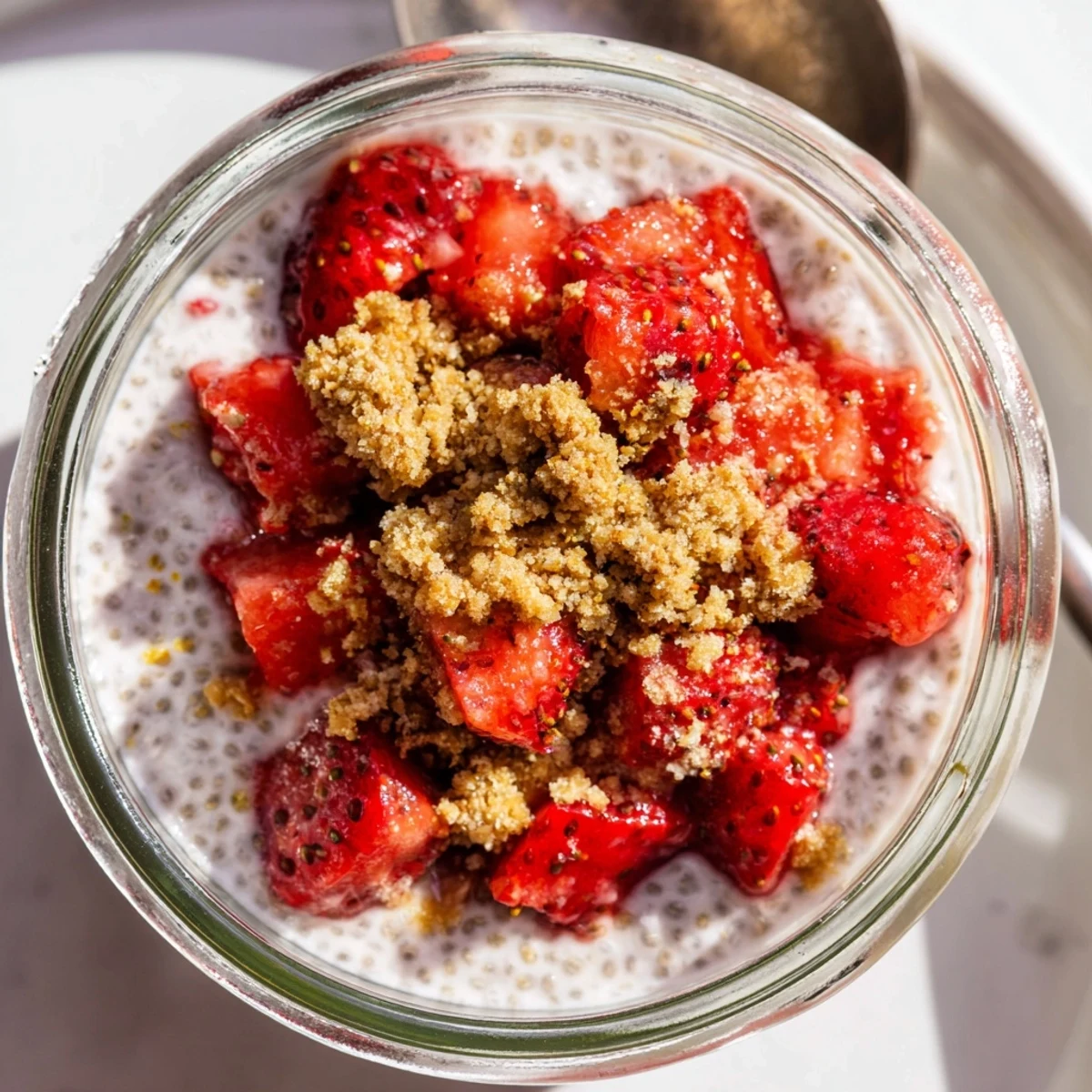 Close-up of strawberry crumble chia pudding showing textured layers of white pudding juicy fruit and crunchy oats