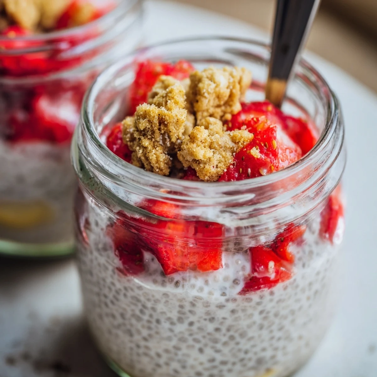 Creamy chia pudding topped with macerated strawberries and crispy oat crumble served in elegant parfait glass