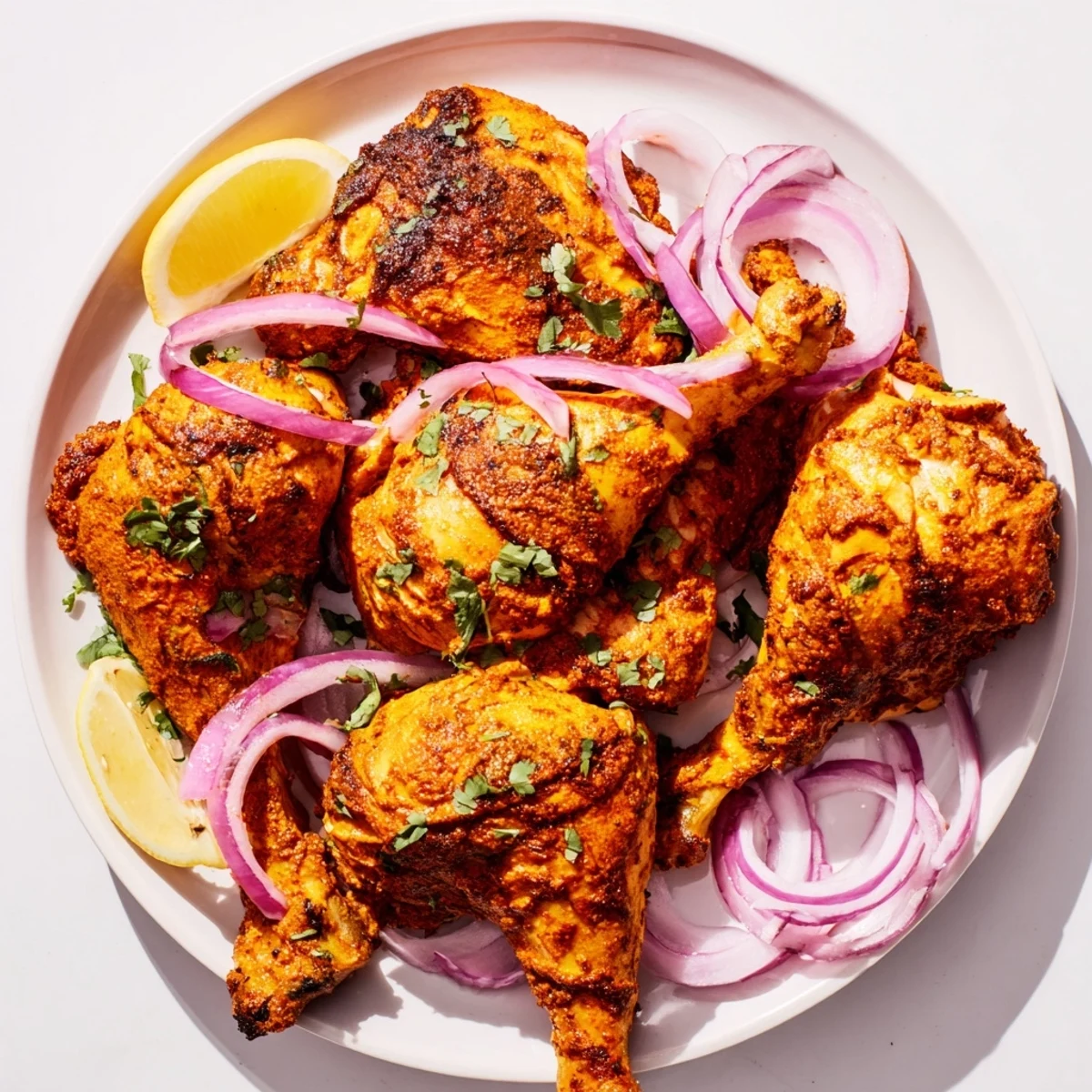 Golden tandoori chicken with charred edges garnished with fresh cilantro and red onion slices